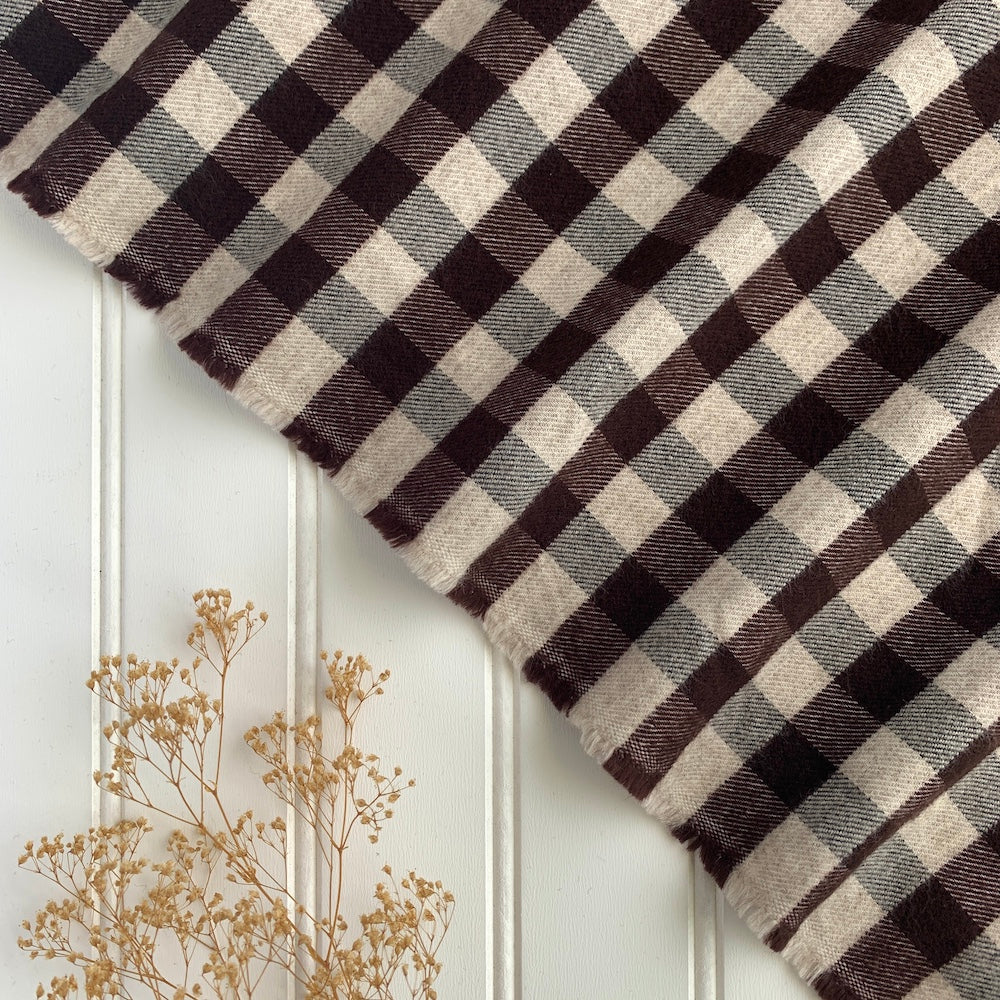 Organic Brushed Cotton Yak Wool Twill Flannel - Brown Gingham