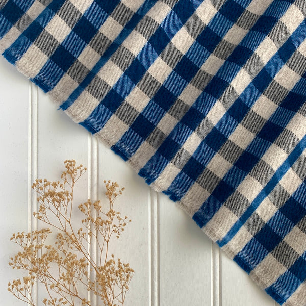 Organic Brushed Cotton Yak Wool Twill Flannel - Vivid Blue Gingham